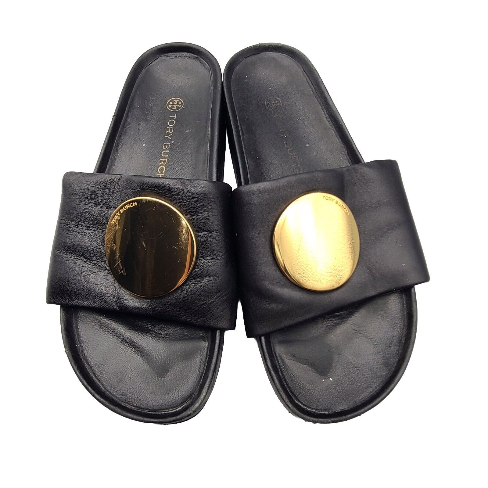 Tory Burch Black Leather Slide Sandals With Gold Medallions